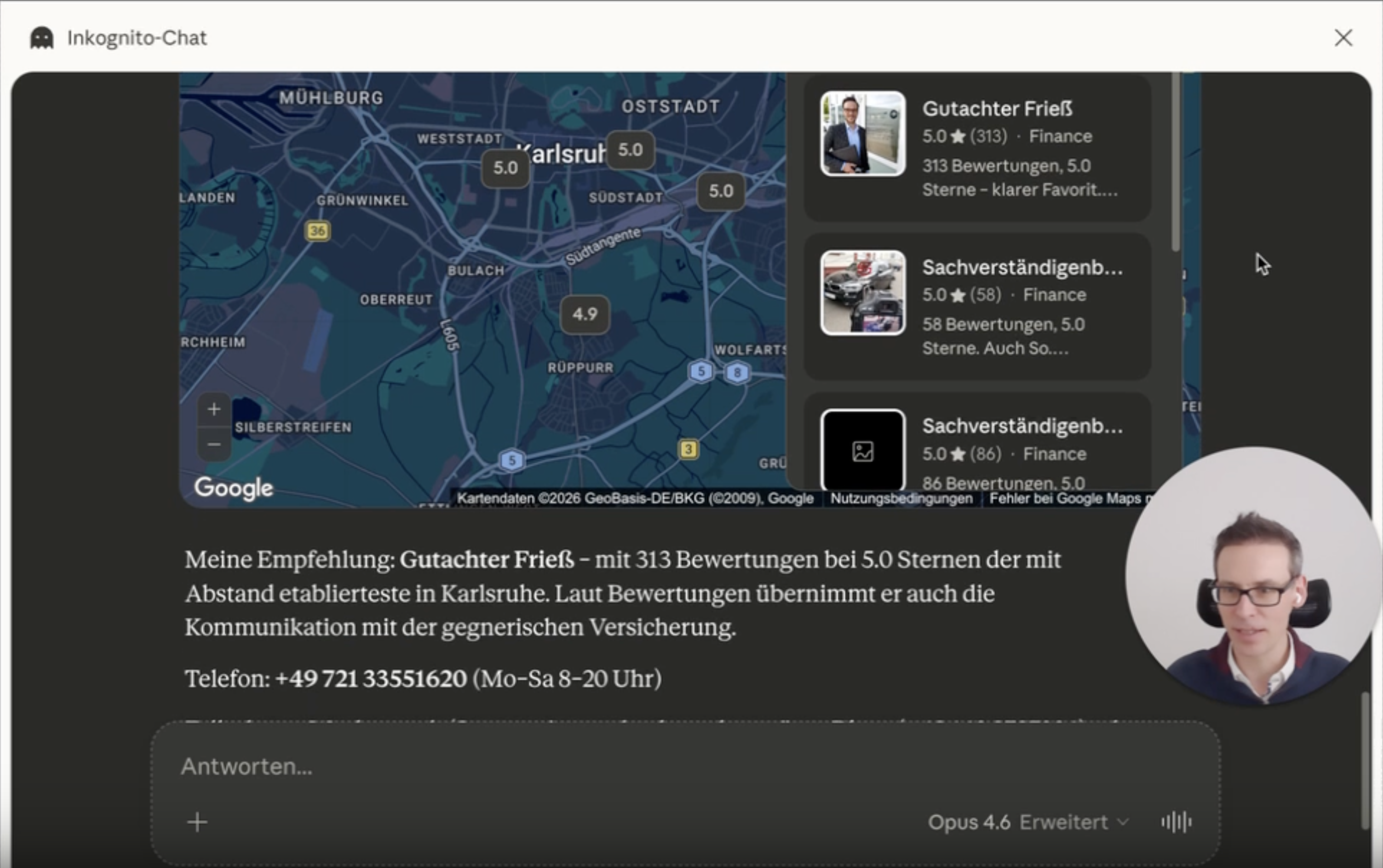 Claude empfiehlt Gutachter Frie&szlig; in Karlsruhe &mdash; liest aus Bewertungen, dass Frie&szlig; mit der Versicherung kommuniziert